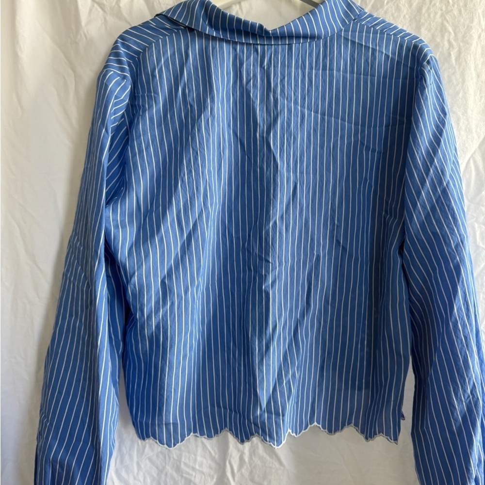 Zara Blue Striped Button Embroidered Lace
Cropped Boyfriend Blouse Size Large - Picture 8 of 11